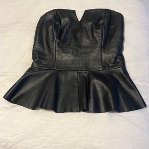 Strapless leather taffeta peplum top